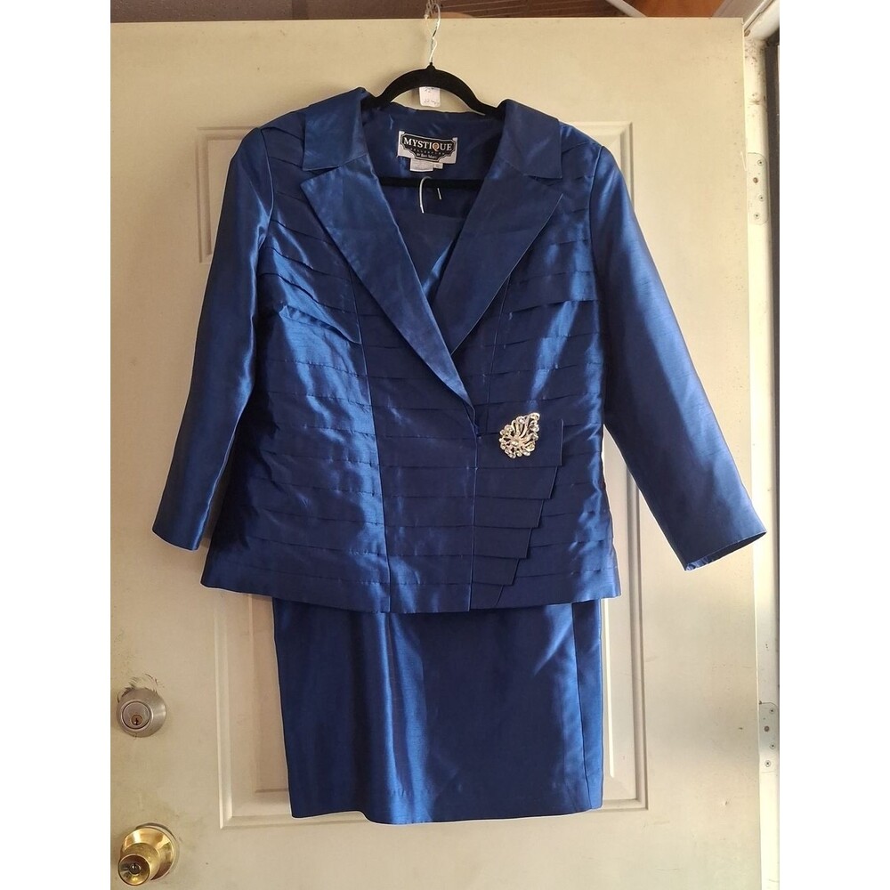 Mystique Boutique Royal Blue Two-Piece Skirt Suit with Brooch